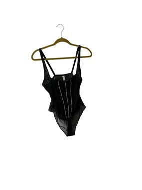 Auden Black Mesh Bodysuit with Contrast Piping